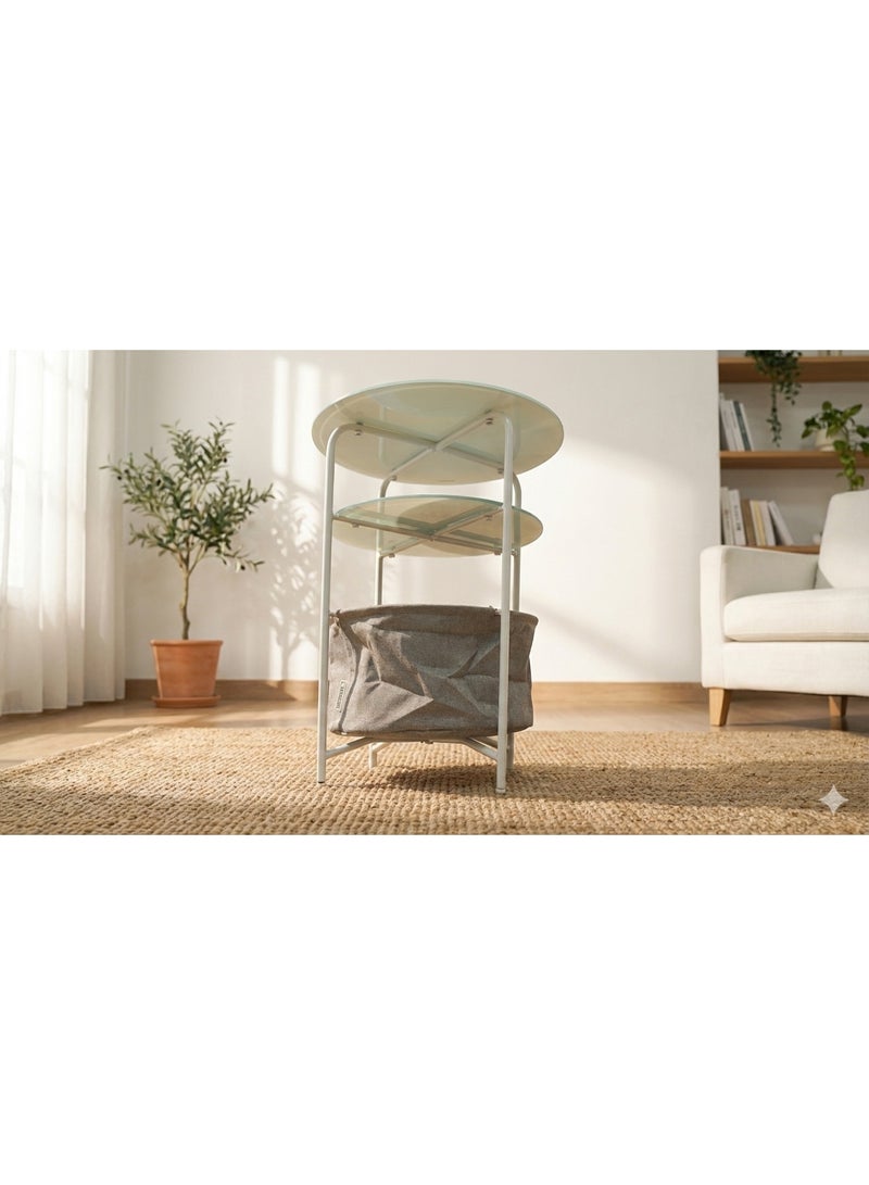 3-Tier Modern Outdoor Side Table with Frosted Tempered Glass Tops and Integrated Storage Basket - Image 4